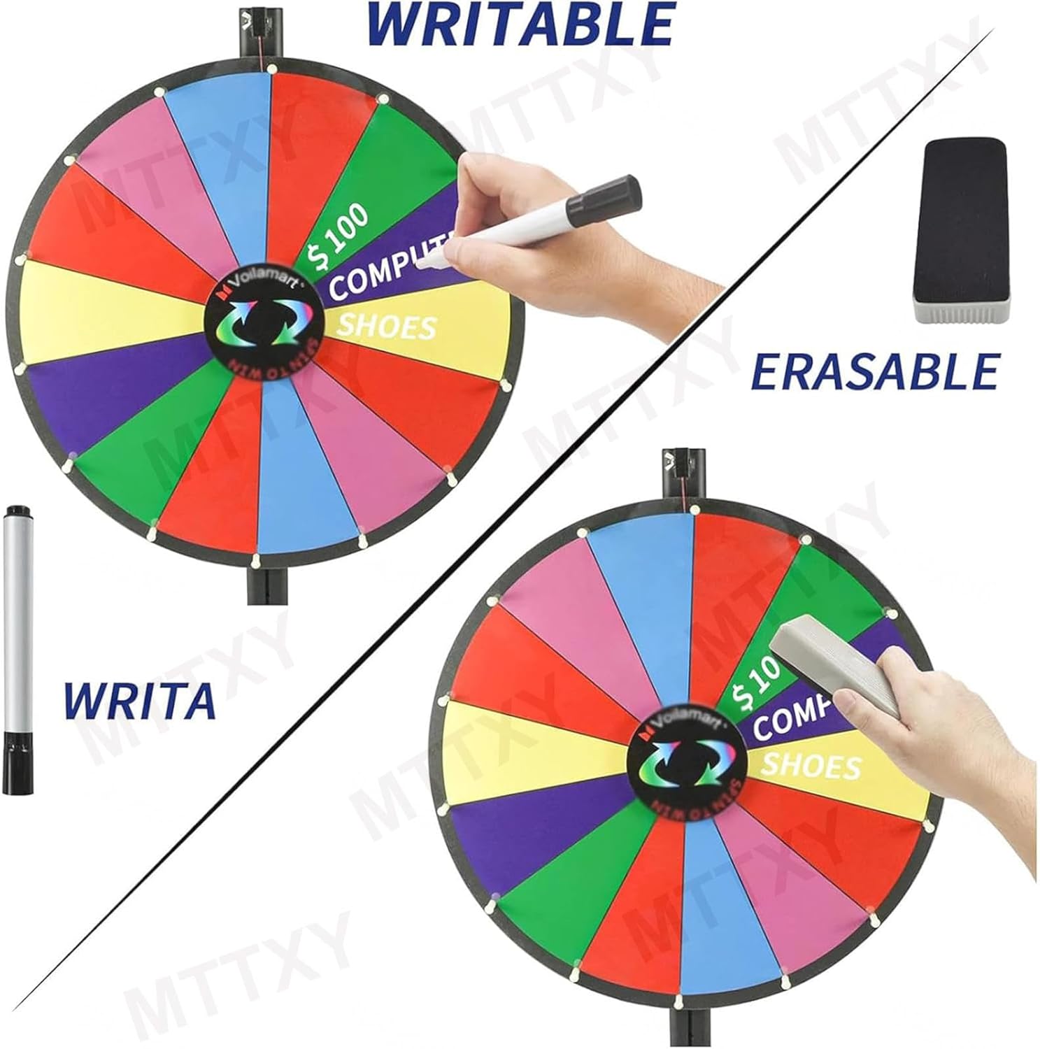 24inch Color Prize Wheel, 14 Slots Fortune Roulette Spinning Game with Dry Erase & Adjustable Height for Party Carnival Tradeshow