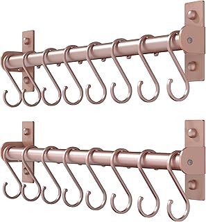 Dseap Kitchen Utensil Holder Hanger, Pot and Pan Rack Wall Mounted, Kitchen Rail with 8 Hooks for Hanging Cooking Utensils, Mugs, Spoons, Wall Mounted, Rose Gold, Pack of 2
