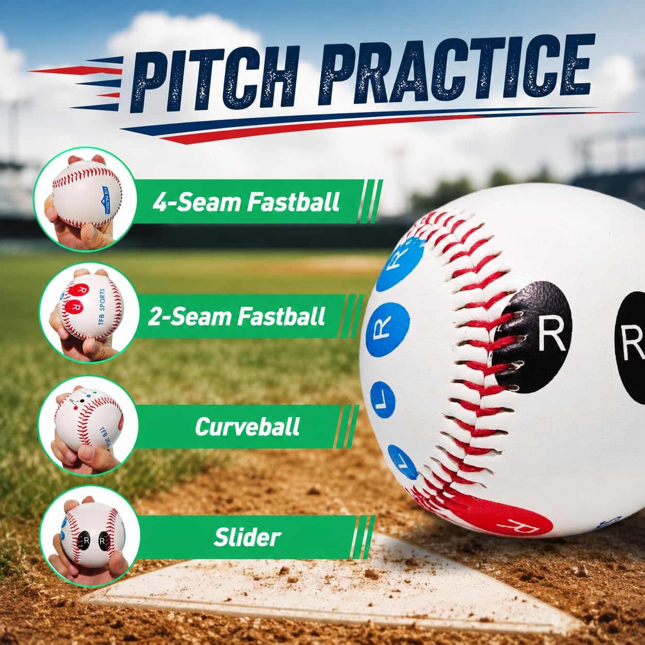 4 Training Baseballs for Youth: 2 Glow-in-the-Dark, 2 Finger Placement | Pitching Grip Trainers, Soft Rubber, Ideal Pitch Practice Set for Teenagers Beginners: Left/Right Fit, Day & Night Practice