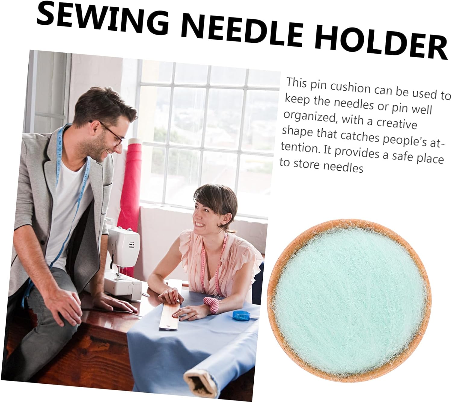 NULYLU Half-Round Wool Ball Needle Organizer with Wooden Base, Green Handmade Sewing Pincushion for Quilting and Hand Embroidery Storage
