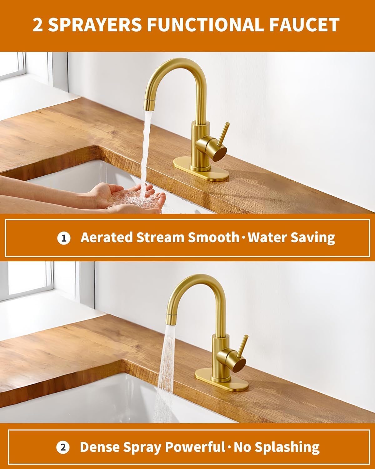 Tohlar Gold Bathroom Faucet, Brushed Gold Wet Bar/Pre-Kitchen Faucet for Sink 1 or 3 Hole, Bathroom Sink Faucet with Deck Plate and Sprayer, Single Handle Bar Sink Faucet with Pop Up Drain