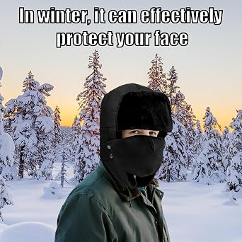 Trapper Hat with Ear Flaps, Russian Ushanka Winter Hat for Men, Warm and Windproof Skiing Hat, Adjustable Winter Hats for Outdoor Activities Black