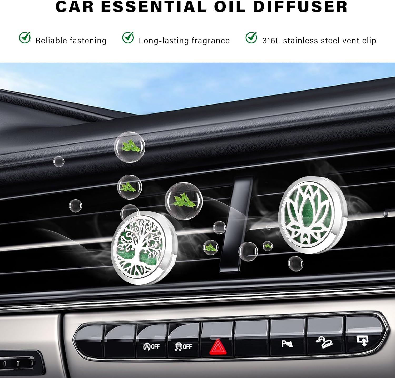 2 PCS 30mm Car Diffuser Vent Clips, Tree of Life Aromatherapy Essential Oil Diffuser Car Clip with 12 Felt Pads, Removable Stainless Steel Air Freshener Lockets for Women Men (Silver)