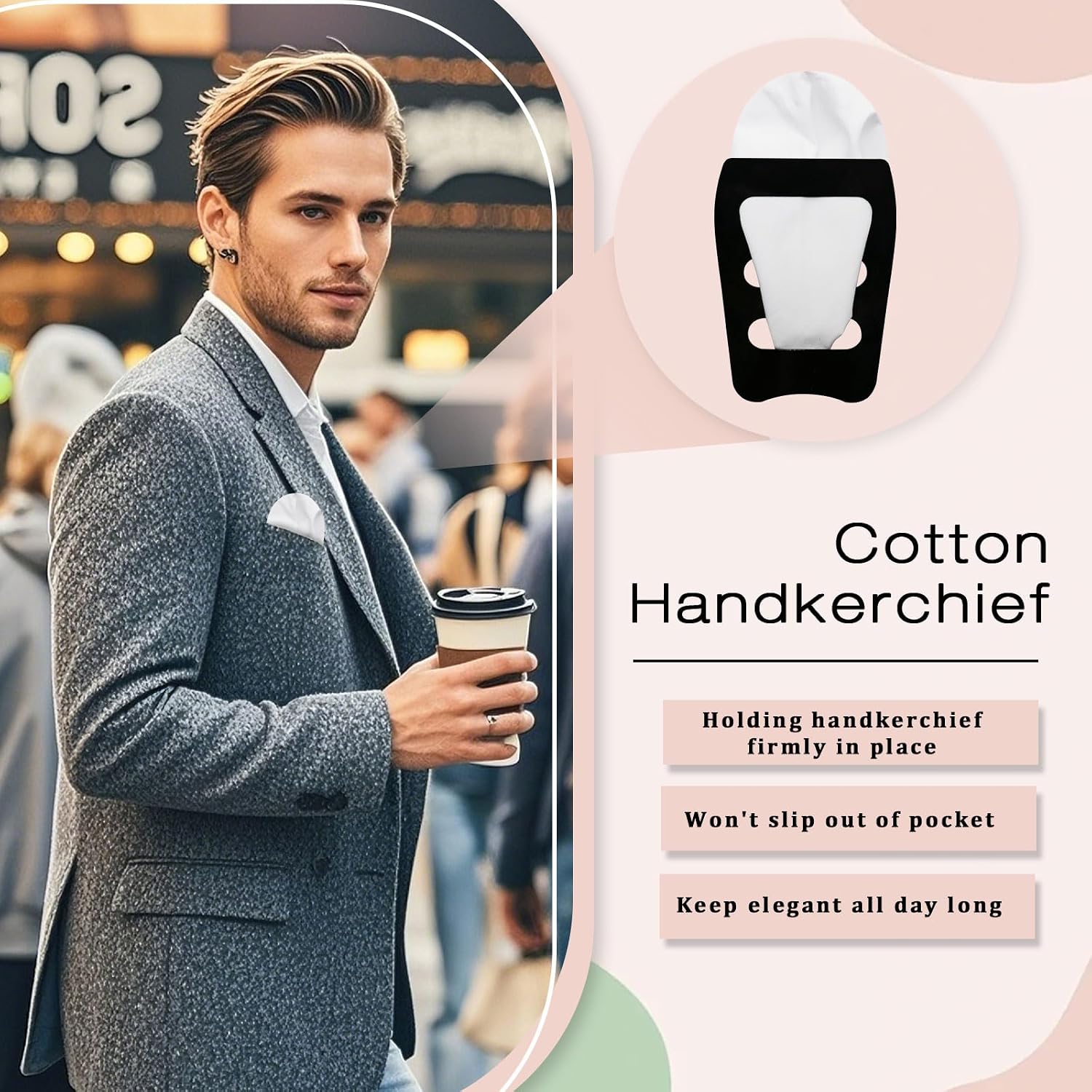 LJBFNN Cotton Pocket Squares for Men, 8.66'' Mens Ladies Handkerchief with Pocket Square Holder for Suit Tuxedo Wedding Party