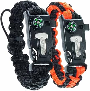 Tactical Survival Bracelet [2 Pack] – 550 Paracord, Emergency Striker, Loud Whistle, Fire Starter, Compass – Hiking, Camping, Fishing, and Hunting Gear – Color: Black + Black & Orange