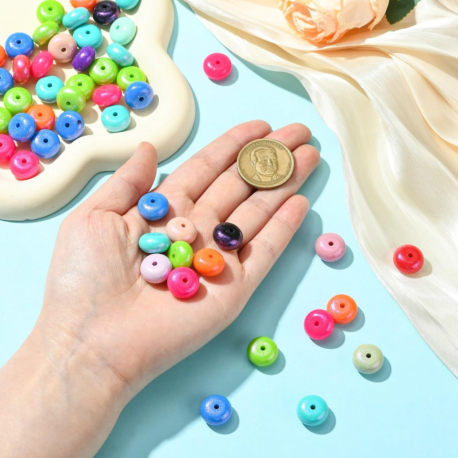 50 pcs Mixed Colors Flat Round Theme Silicone Focal Beads Rondelle Disc Abacus Spacer Beads for DIY Jewelry Necklace Beadable Pens Bracelets Keychain Making Craft Decor - Image 4