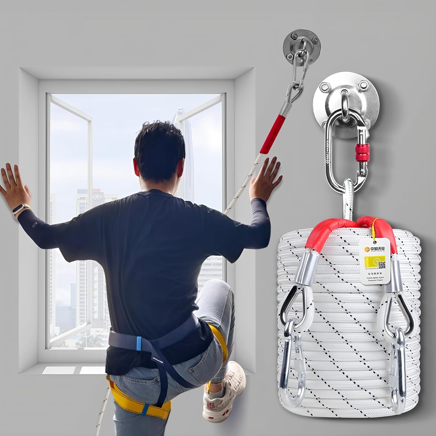 High-Rise Fire Escape Ladder, Escape Descender Emergency Device for 2nd–33rd Floors, Fire Escape Rope Kit with Figure-Eight Descender & O-Shaped Steel Hook for Balcony & Window Use