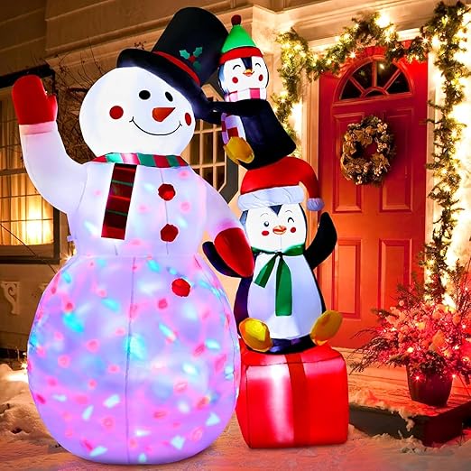 7 FT Christmas Inflatables Snowman with Penguin Outdoor Christmas Yard Decorations, Christmas Blow up Snow Man with LED Lights & Black Hat, Decor for Holiday Party Patio Garden Lawn, Xmas Kids Gifts