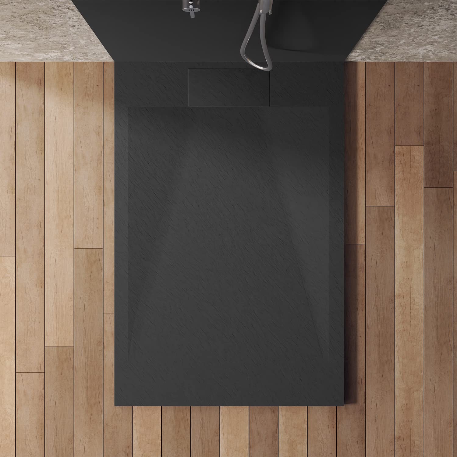 Piatto Doccia 70x90 Nero Effetto Pietra Mod. Cosmos Rettangolare in Vetroresina SMC Riducibile Piletta Inclusa e Cover In Tono Parama