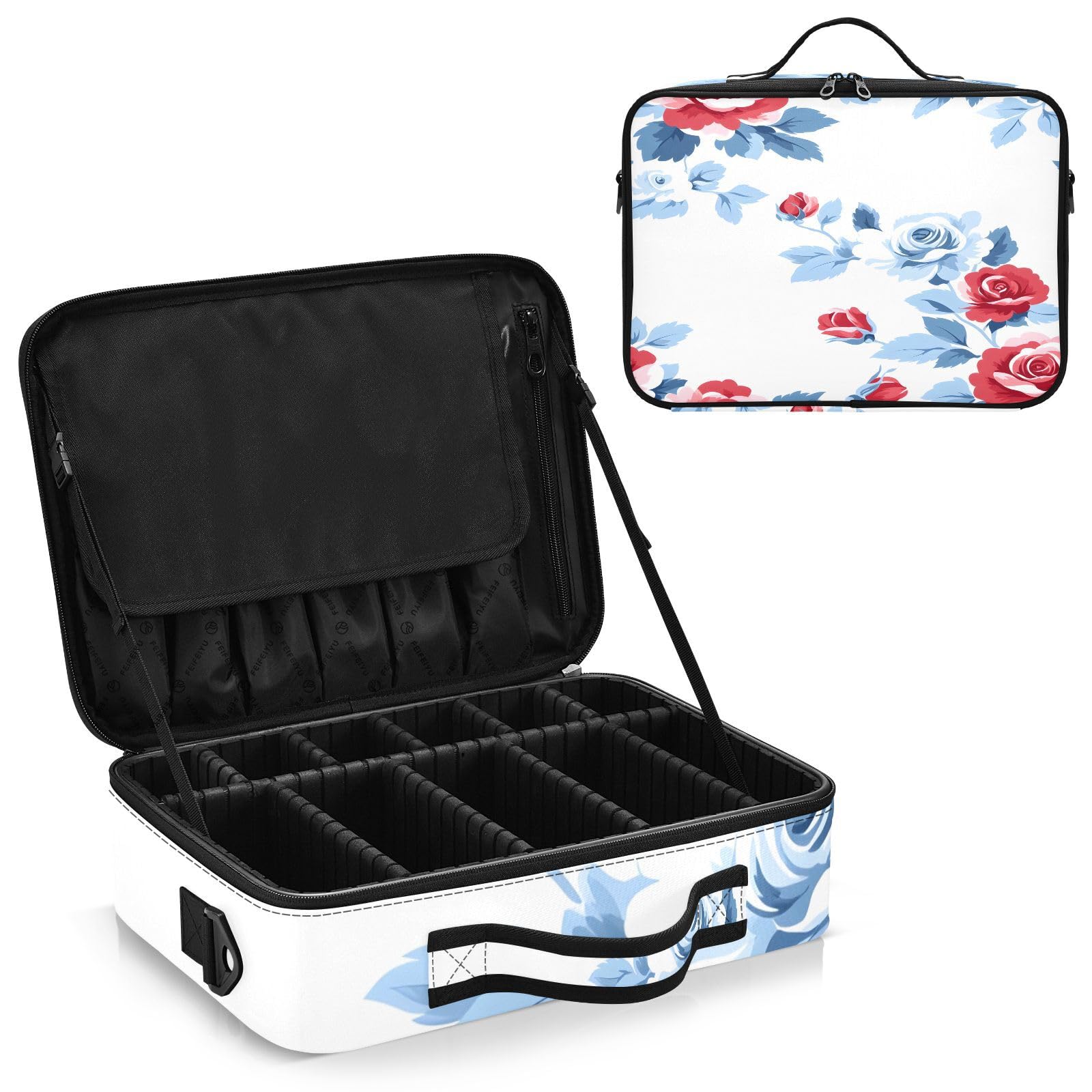 zyrtty Travel Makeup Train Case Red White Flower Pattern Cosmetic Organizer Portable Storage Bag with Adjustable Dividers for Cosmetics Brushes Toiletry Jewelry Digital Accessories