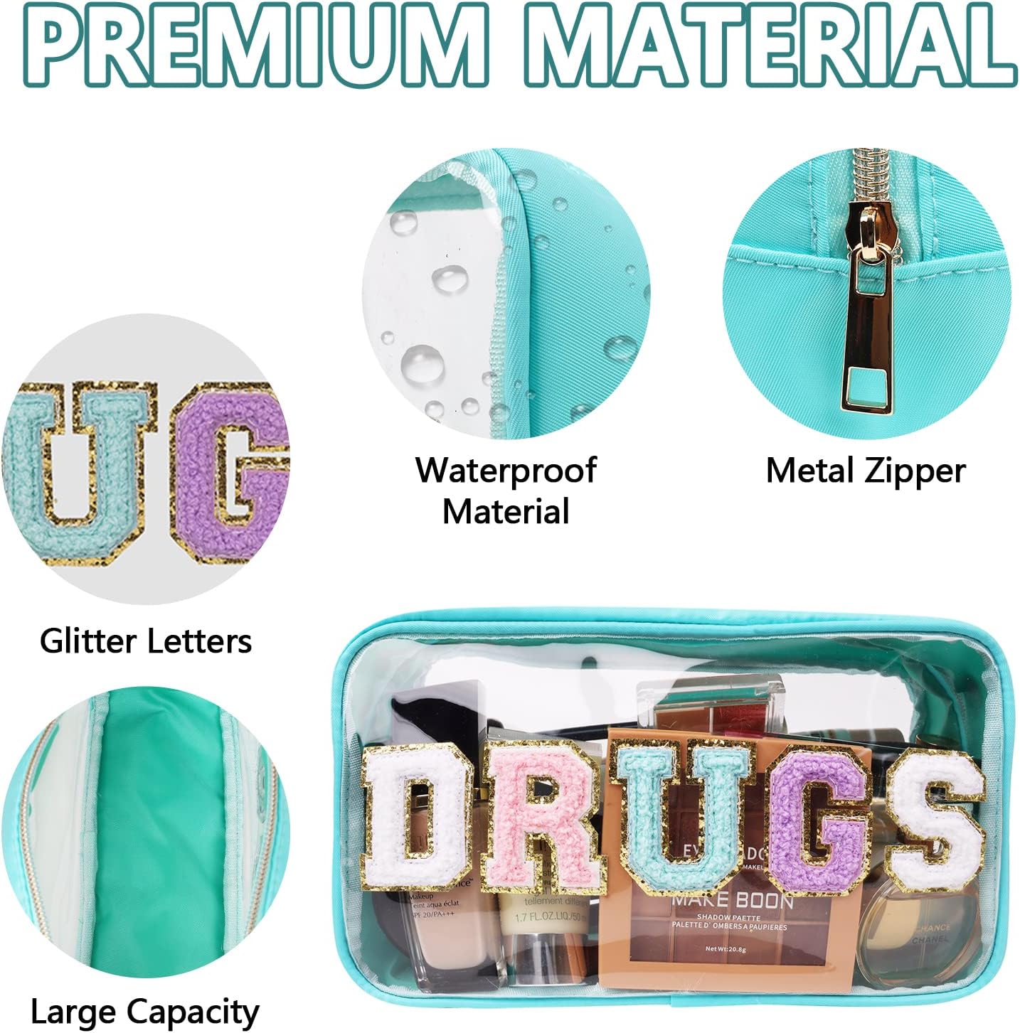 Iqimott Clear Patch Makeup Bag Drugs Pouch, Preppy Personalized Chenille Letter Cosmetic Pouch for Travel, Nylon Waterproof Organizer Travel Essentials Zipper Toiletry Bags for Women Girls(Green) image 3