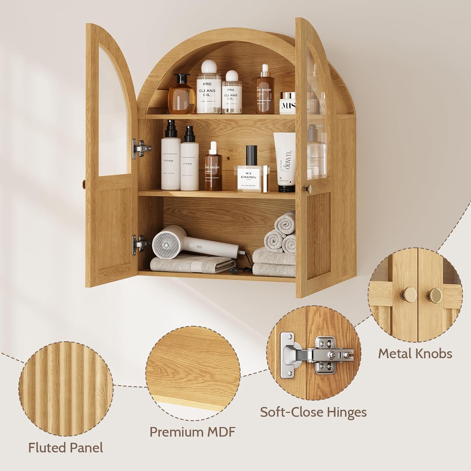 Arched Bathroom Wall Cabinet, 24 x 28 Inch Over The Toilet Storage Cabinet with Glass Door, Fluted, Adjustable Shelf, Wall Mounted Floating Wooden Medicine Cabinets for Bathroom Laundry Room, Natural