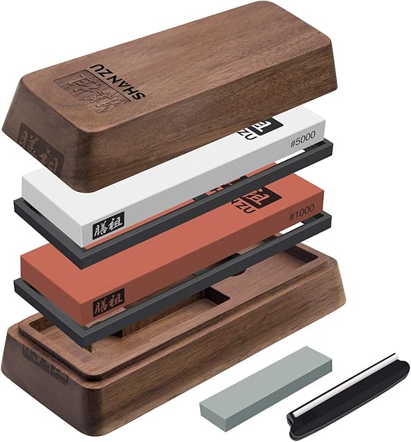 Sharpening Stone with Storage Box,SHAN ZU Whetstone Set Knife Sharpening Stone 2 Pieces Grit #1000/5000 Knife Stone with Non-Slip Silicone Base & Angle Guide,Wetstone for The Sharpening Knives
