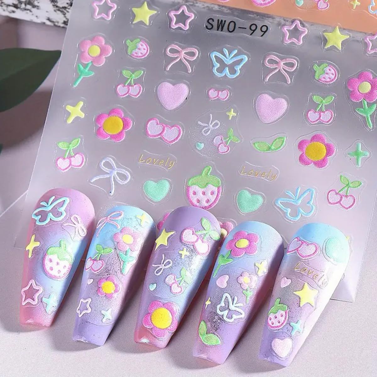 Flower Nail Art Stickers 5D Embossed Flowers Nail Decals 3PCS Cute Cherry Strawberry Heart Star Self-Adhesive Design Flower Stickers for Nails Colorful Bow Butterfly Kawaii Manicure Sliders for Women