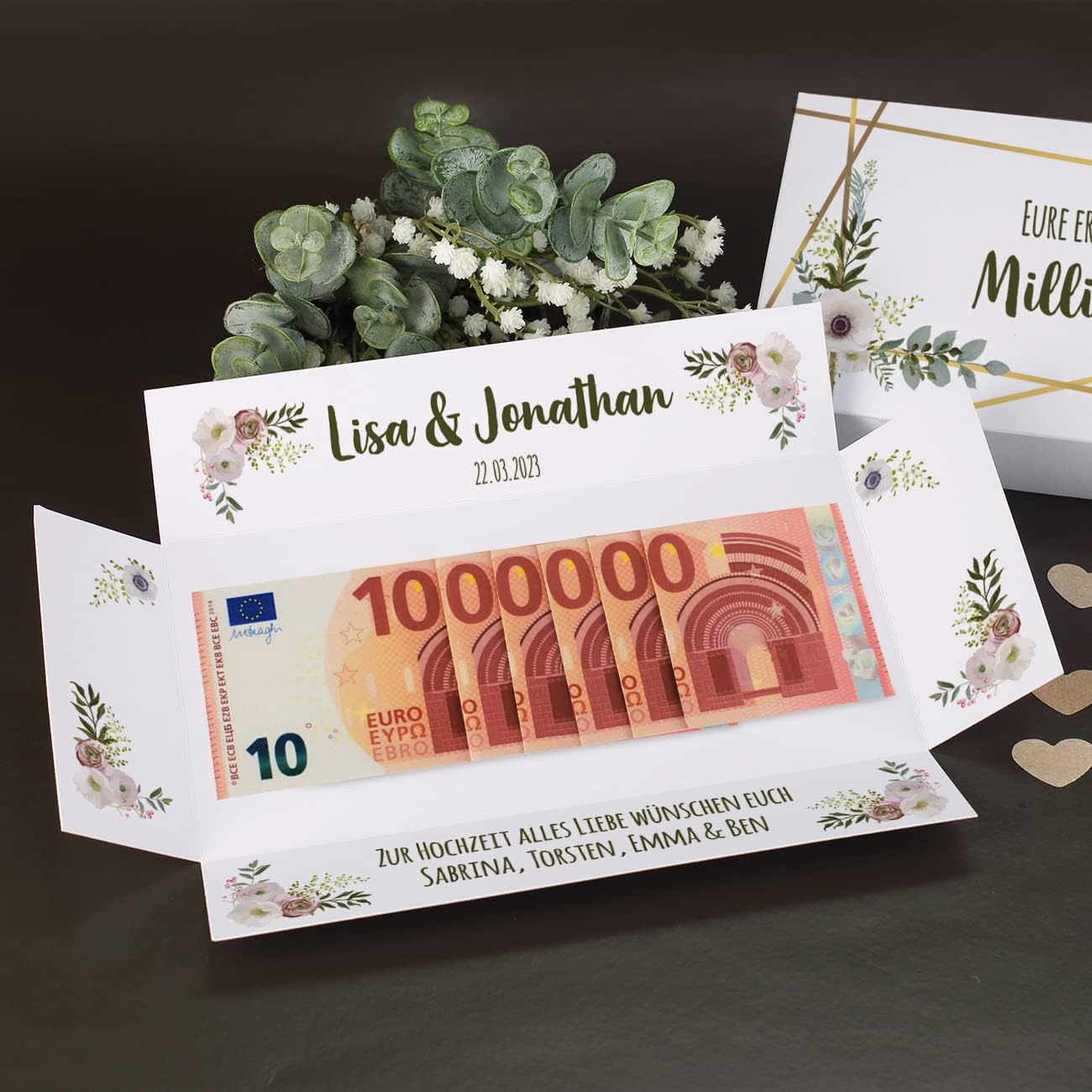 Herz & Heim® Geschenkverpackung Geldgeschenk mit Personalisierung - Erste Million Hochzeit Photo 2