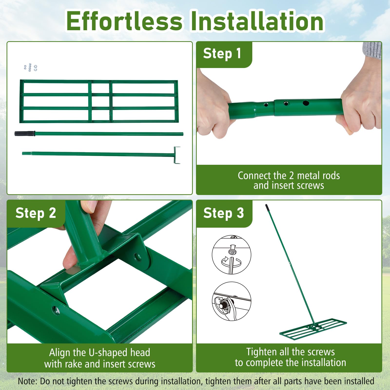 Rastrillo paisajístico de aluminio de 91 cm (36''), rastrillo de jardín de 91 cm (36 púas) con mango de 173 cm (68") y cabezal de doble cara, herramienta resistente para rastrillar arena y tierra,
