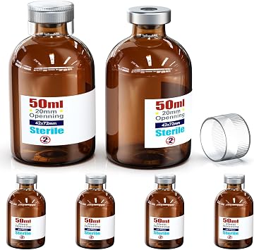 Biomed Solutions Sterile Empty Vial with Reusable Plastic Cap,Ready to Fill Glass Containers, Liquid Injection Bottle Sealed with Self Healing Injection Port 50ml Amber 6pcs
