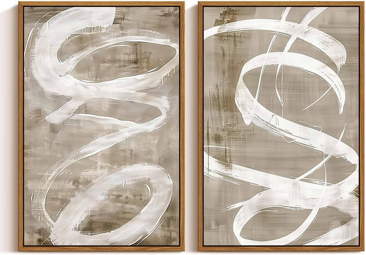 InSimSea 2 Pcs Framed Wall Art Modern Abstract Decor, Abstract Shapes Zen Calm Canvas Print Paintings, Neutral Art Decor for Living Room Bedroom, Large Vintage Home Wall Decor, 16x24inch, Set of 2 White Brown Pastel Paint 16"x24"x2