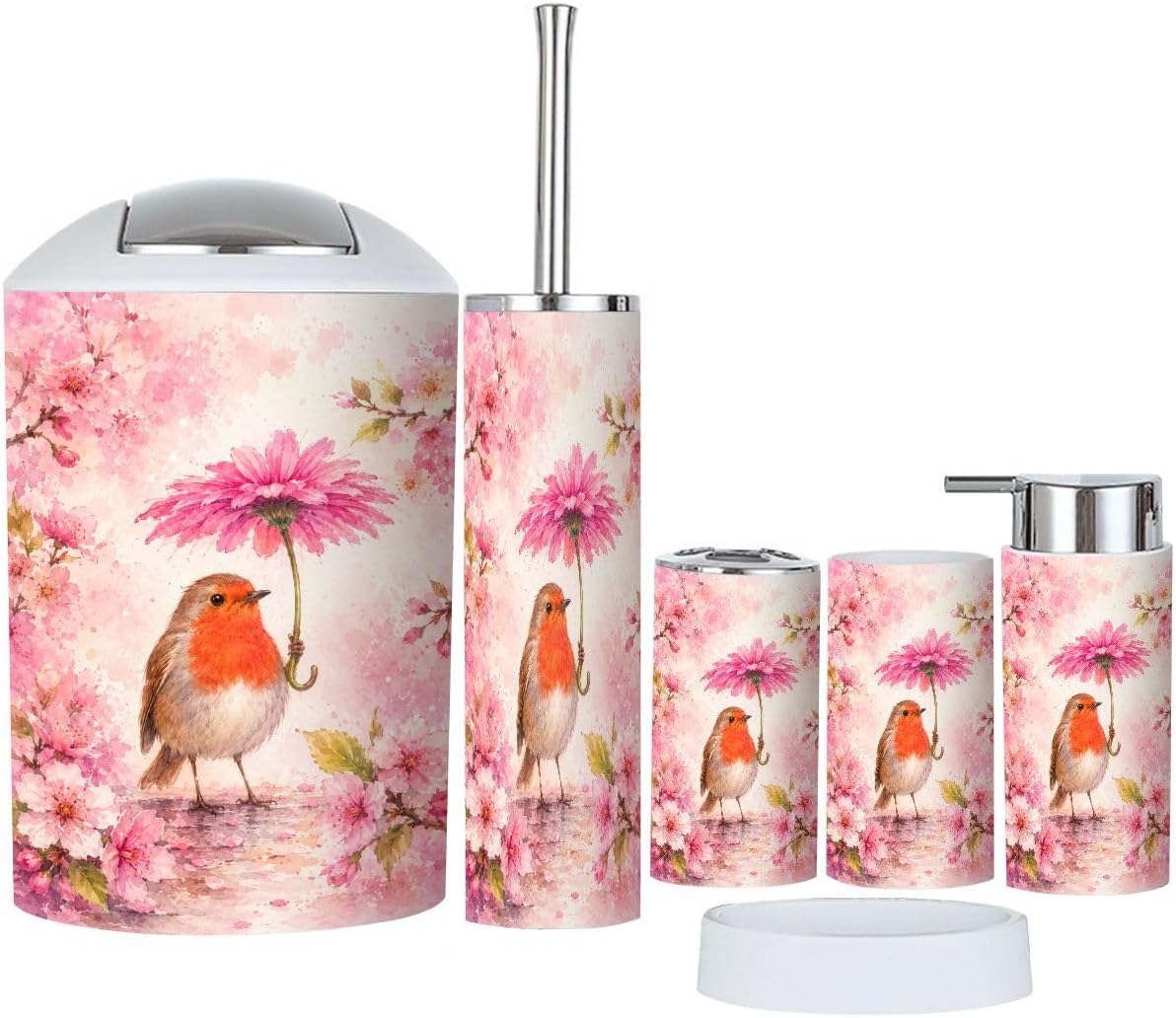 Bathroom Accessories Set 6 piece Cute Robin Bird Holding Pink Flower Umbrella Watercolor Floral Scene Plastic shatterproof Vanity Organization countertop Decor for Home, Apartment, Dorm