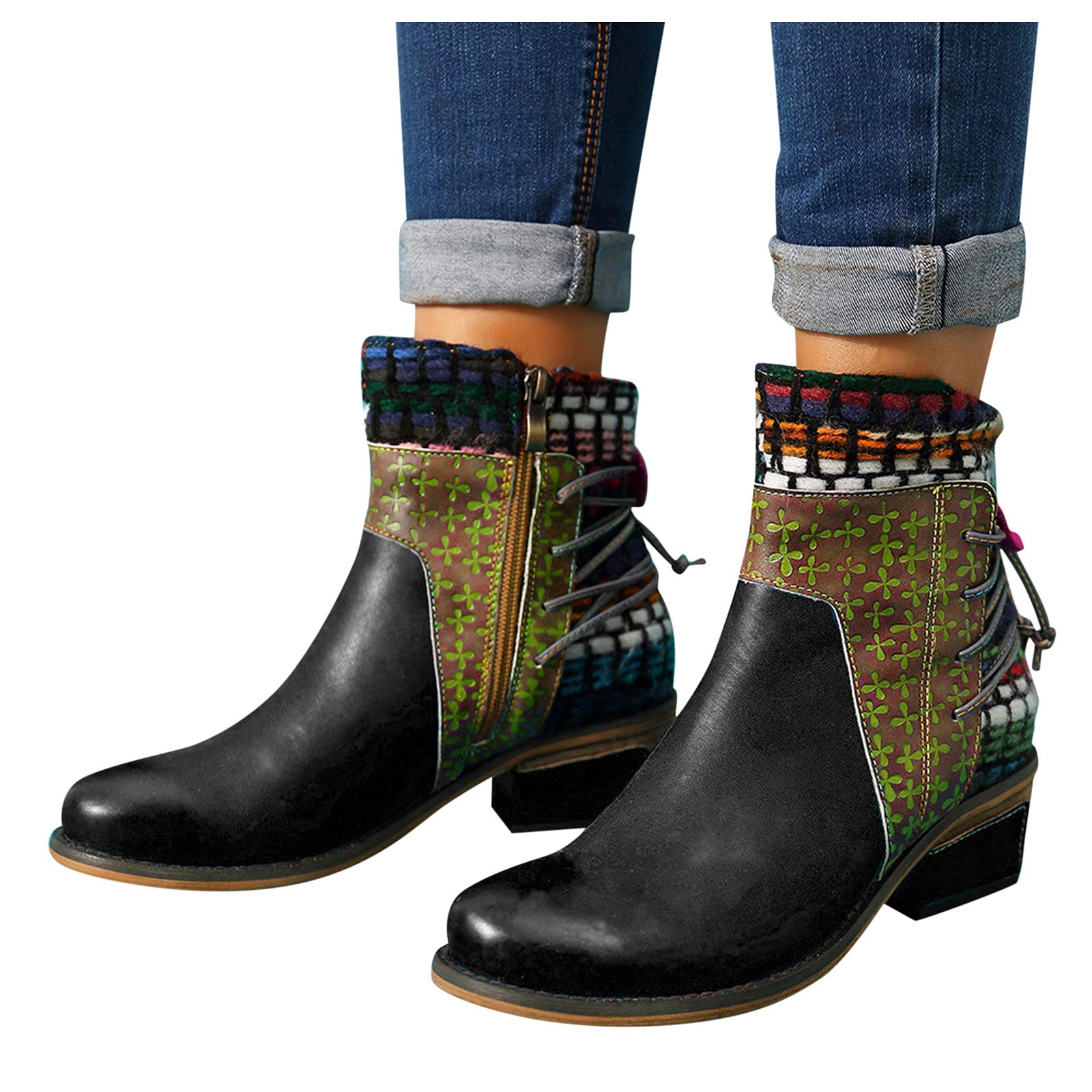 Bottes Courtes à Talon Ethnique Romain – Fermeture éclair, Plates Ou Talon 4 Cm, Polyuréthane Doux, Pour Femme