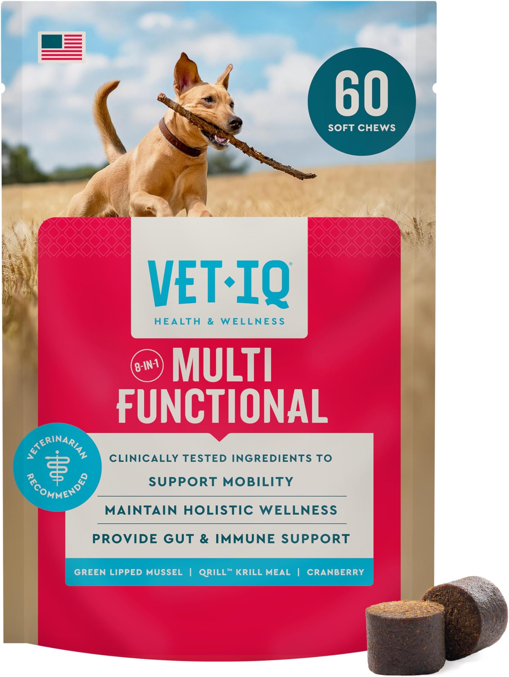 VetIQ 8-in-One Multifunctional Supplement for Dogs, Supports Hip & Joint, Urinary Tract, Immune System, Skin Health and Heart Health, Soft Chews, Made in the USA, 60 Count