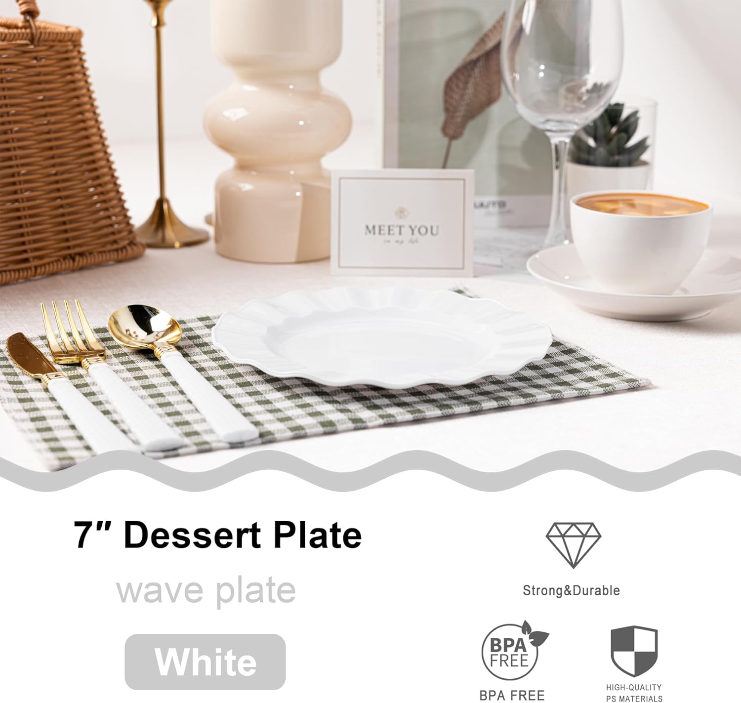 72 Pack White Plastic Plates, 7" Disposable Wave Salad/Dessert Plates Elegant Heavy Duty Plate for Party, Wedding, Thanksgiving, Christmas - Image 2