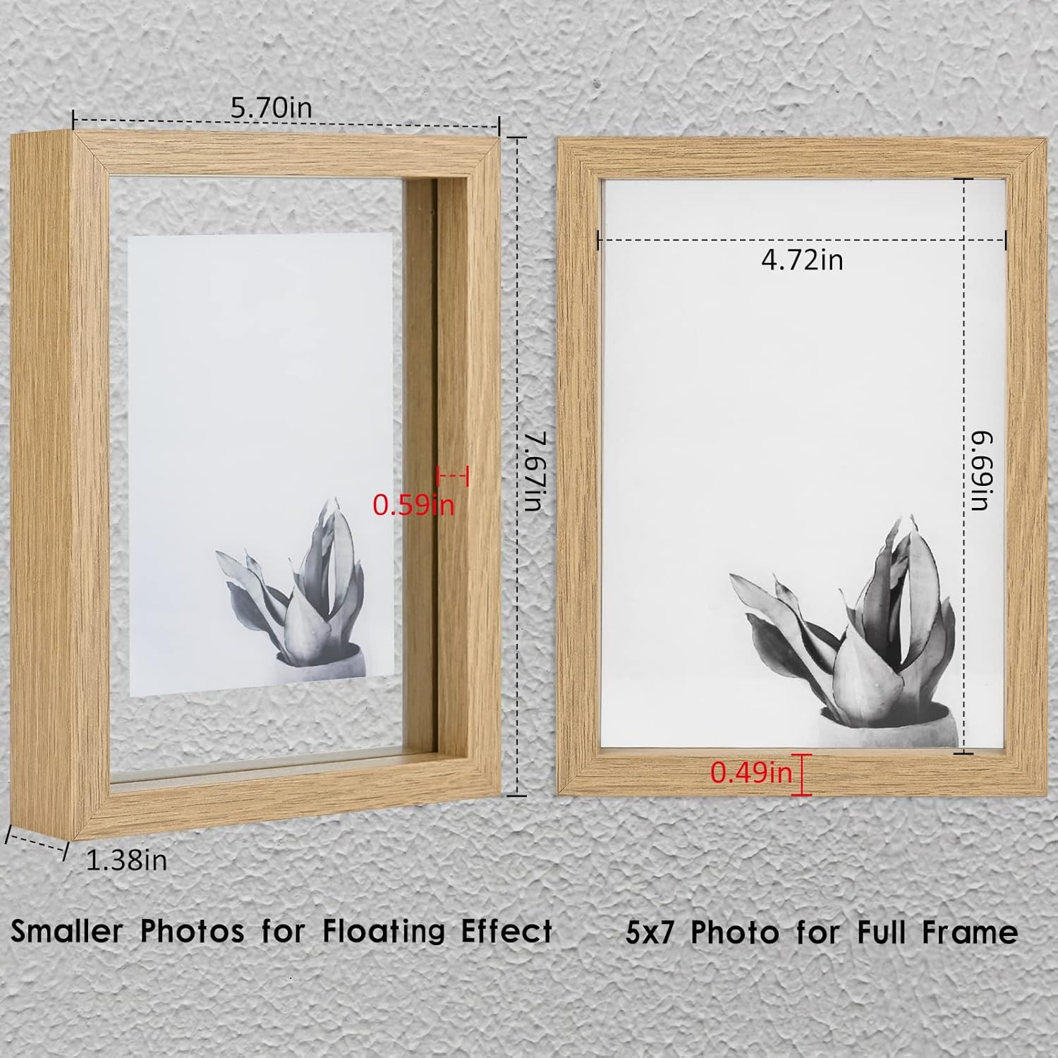 MUYE 5x7 Floating Frame Set of 2,Double Glass Rustic Photo Frame for Wall Hanging or Tabletop Standing,Also Display 4x6 or 3x5 Photo for Floating Effect,Natural Natural 5x7