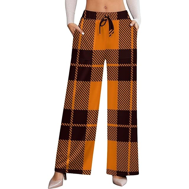 Dyale Halloween Check Plaid Womens Wide Leg Pants High Waisted Elastic Casual Sports Pants XS
