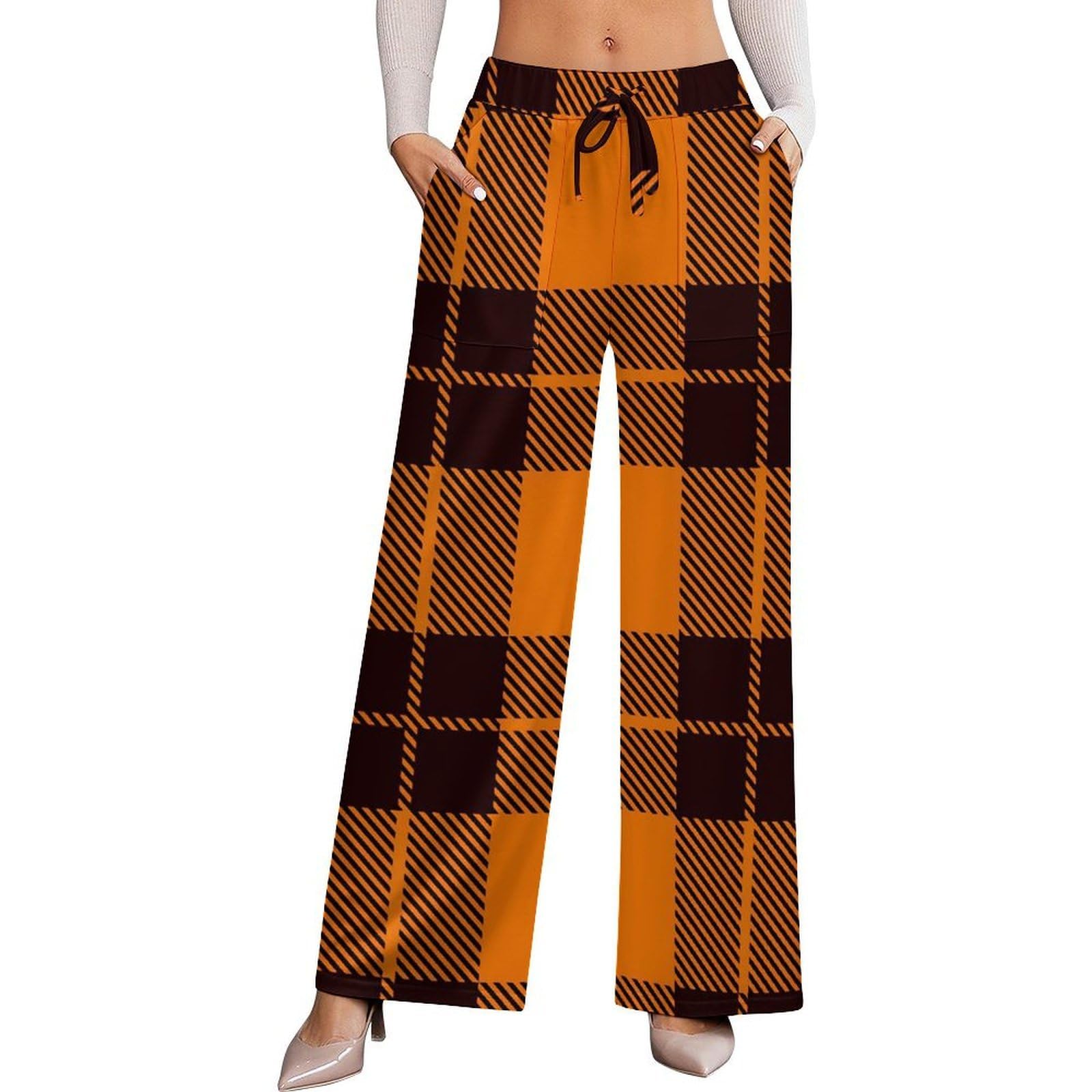 Dyale Halloween Check Plaid Womens Wide Leg Pants High Waisted Elastic Casual Sports Pants XS