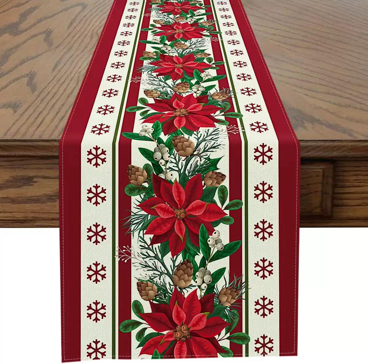 Debrymn Red Merry Christmas Table Runner 183 X 33 Cm,Linen Christmas Table Runner With Flower,Snowflake,Seasonal Winter Xmas Holiday Kitchen Dining For Xmas Decorations