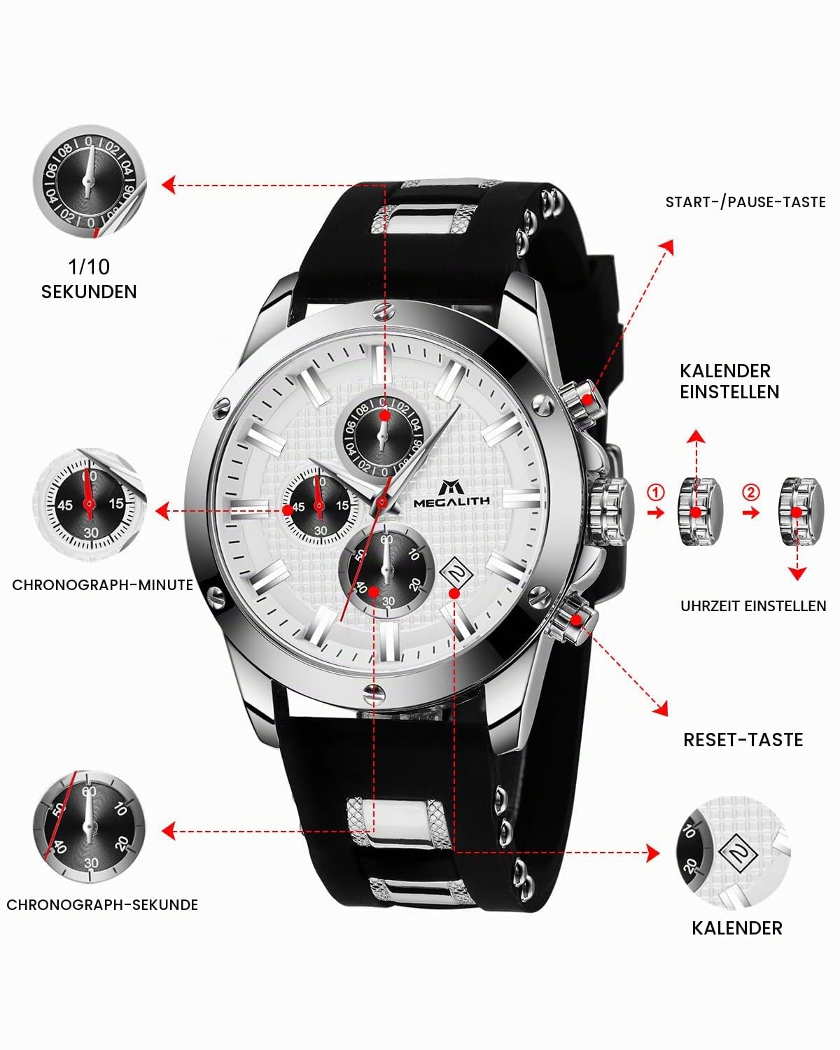 MEGALITH Herren Uhren Groß Chronographen: Analog Wasserdicht Armbanduhr Gummiband mit Datum Leuchtend - Stilvoll Geschenke für Sportlich Männer Jubiläum Geburtstag