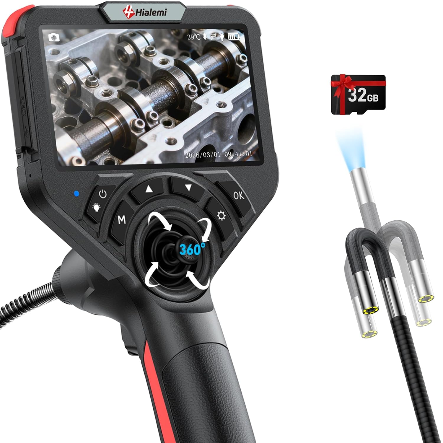 6.4mm 4-Way Articulating Borescope with Joystick, 5" IPS Screen Endoscope Camera with Light, 360° Articulated Probe, 5.0FT Semi-Rigid Snake, IP67 Waterproof, 1080P 32GB Mechanics Inspection