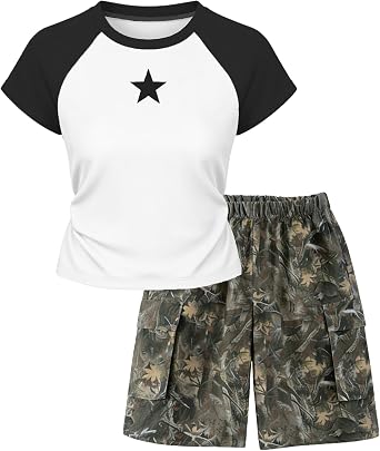 Girls 2 Piece Outfits Color Block Print Short Sleeve Top and Camo Short Sets Summer Clothes for Teen Girls 6-16Y
