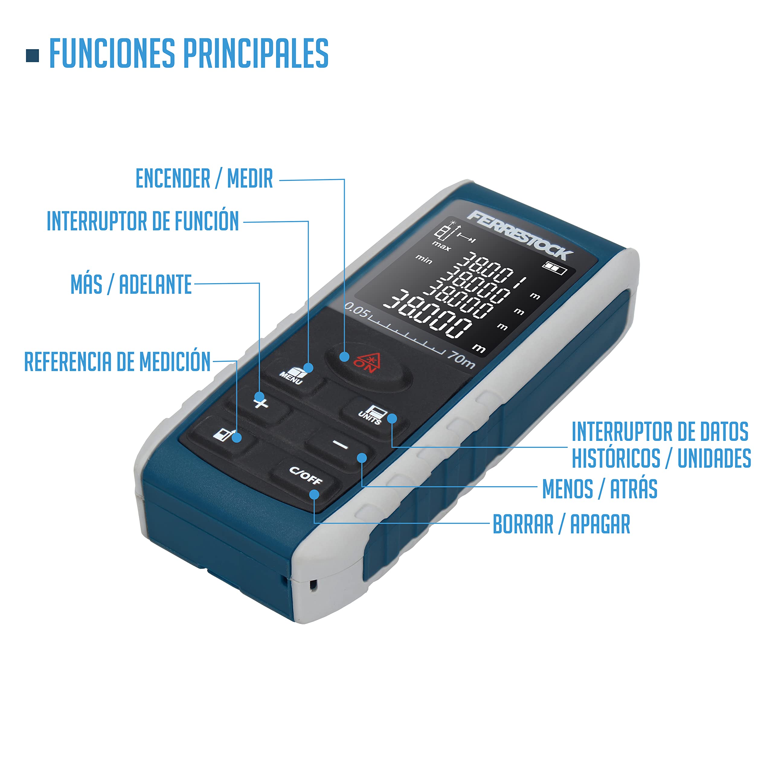 Ferrestock FSKLDM070 medidor láser de distancias de hasta 70 Metros, Pantalla LCD, 2 Puntos de Referencia, 7 Modos de medición, Nivel Digital y 99 memorias