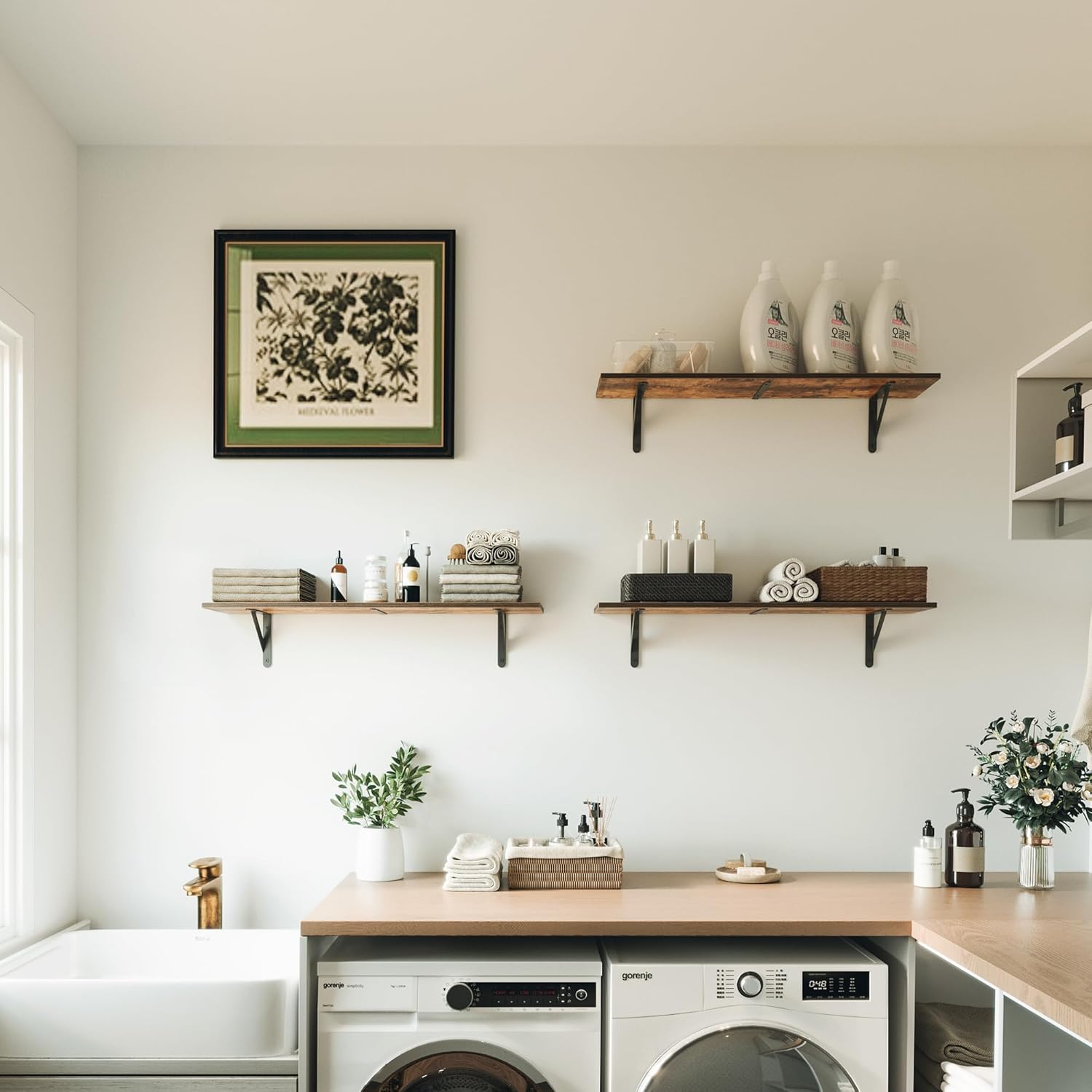 WOPITUES Floating Shelves for Wall 32″W x 8″D, Long Wall Mounted Shelves Set of 3, Wood Book Shelves Decor, Farmhouse Display Shelf for Bedroom, Living Room, Laundry Room, Kitchen, Bathroom, Brown