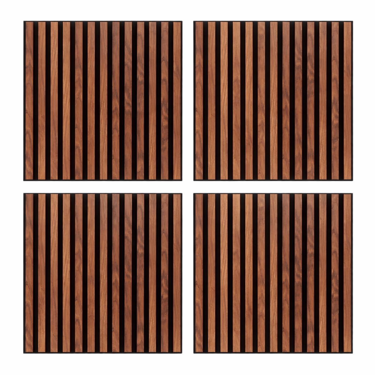 WDMT Set aus 4 Wandpaneelen 60x60 cm – MDF 3D Wanddeko in Walnuss-Holzoptik mit schwarzen Latten – modernes Lamellen-Design (Akustik-Look) – Mix & Match Wandfliesen-Panel