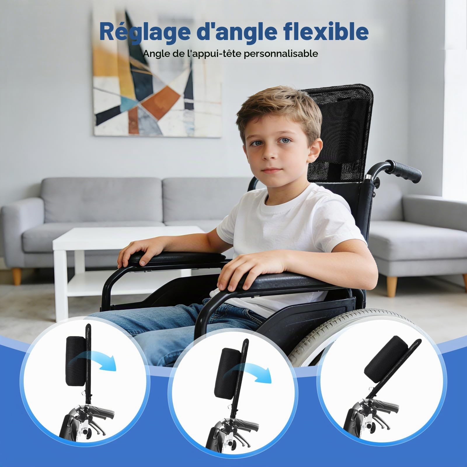 Appui-Tête Pour Fauteuil Roulant, Accessoire Universel Fauteuil Roulant Réglable Avec Soutien De La Nuque Et Dossier Coussin En Forme De U Respirant Et Stable Angle Et Hauteur Réglables De 90° à 45°