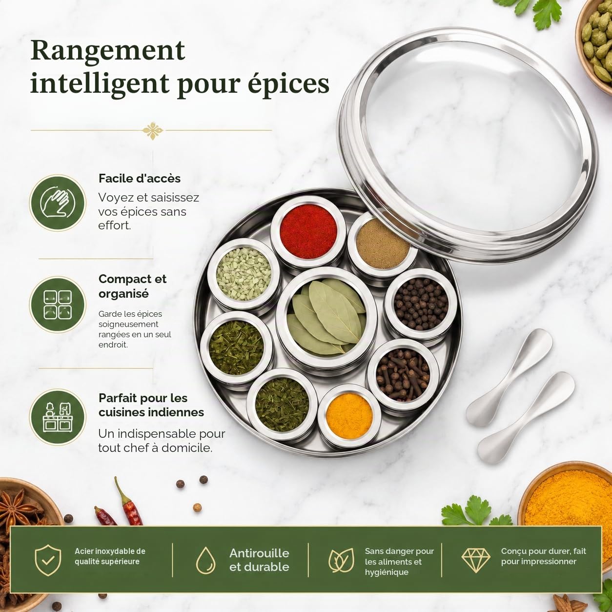 Masala Dabba Boîte à épices indienne Couvercle transpertant 9 compartiments avec couvercles individuels en acier inoxydable de qualité alimentaire avec 2 cuillères de service (22 cm, couvercle