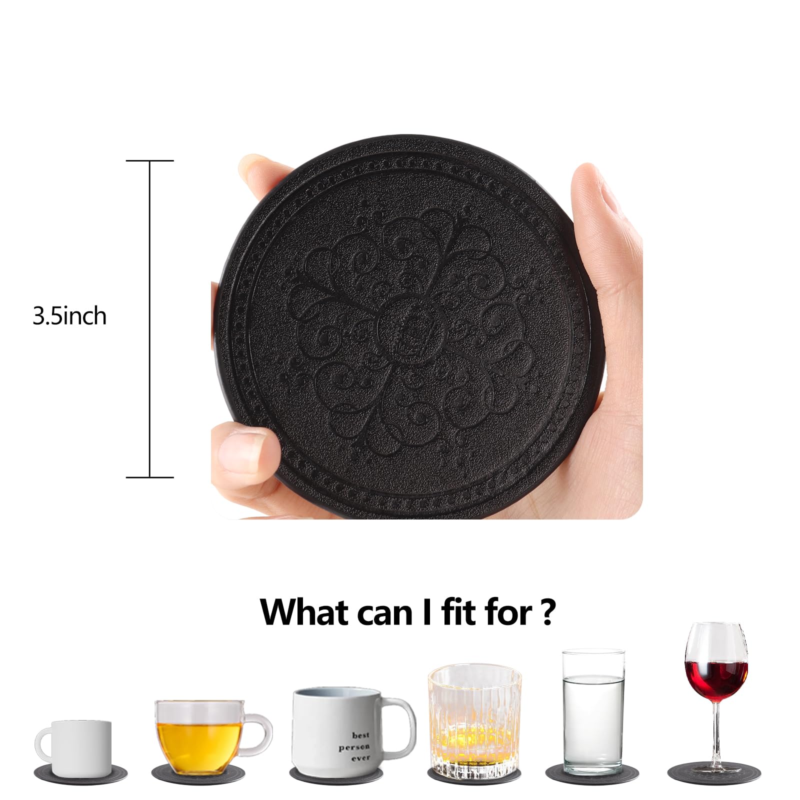 Lisrsc PU Leather Coasters Set of 6 with Holder - Black Round Drink Coasters for Coffee Table - Image 2