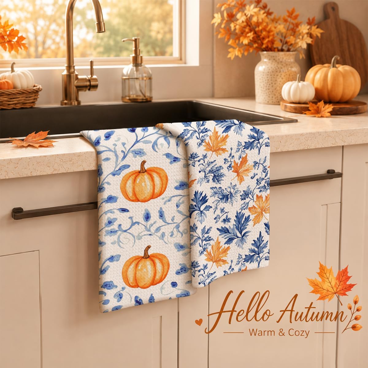 Fall Chinoiserie Pumpkin Kitchen Towels, Autumn Kitchen Decor 2 Pack 01 image 3