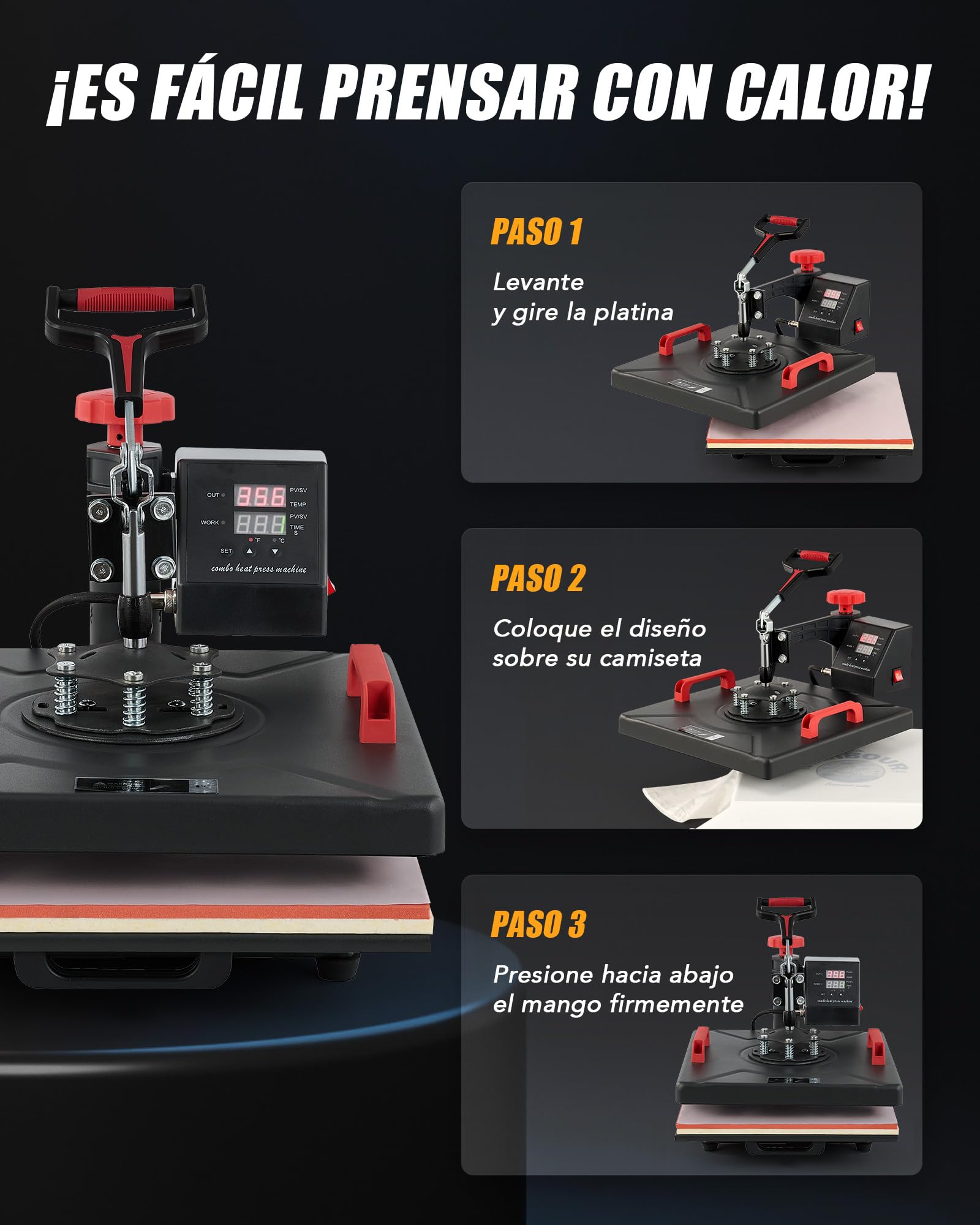 CREWORKS Prensa de Calor 38x38 cm, Maquina de Sublimacion 8 en 1 con Panel de Control Digital, Prensa de Calor Multifuncional con Giro de 360° para Camisetas, Tazas, Gorras, Platos y Más