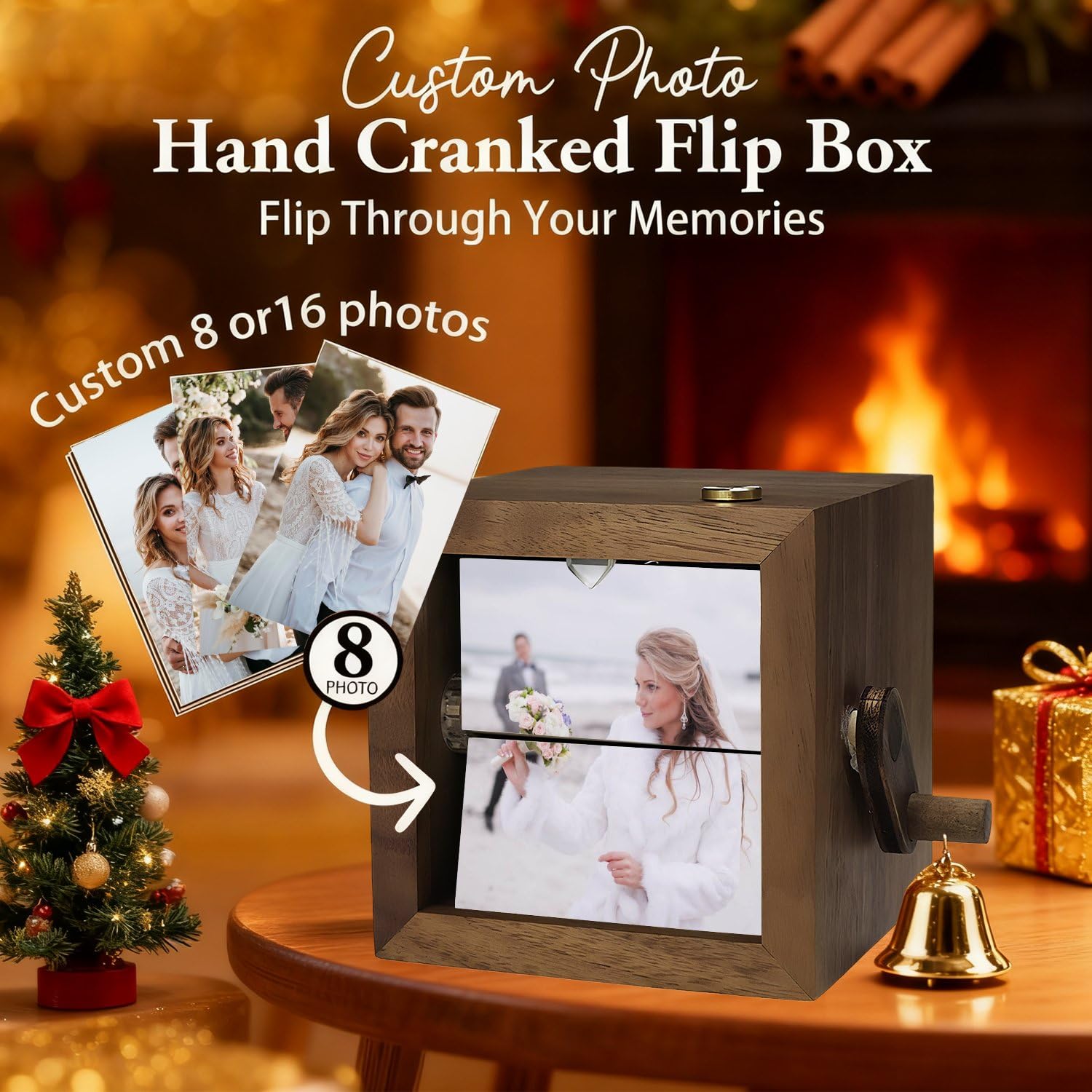 Caja de fotos mecánica giratoria personalizada, caja de fotos con manivela grabada personalizada, caja de fotos personalizada para boda, caja de historia de amor
