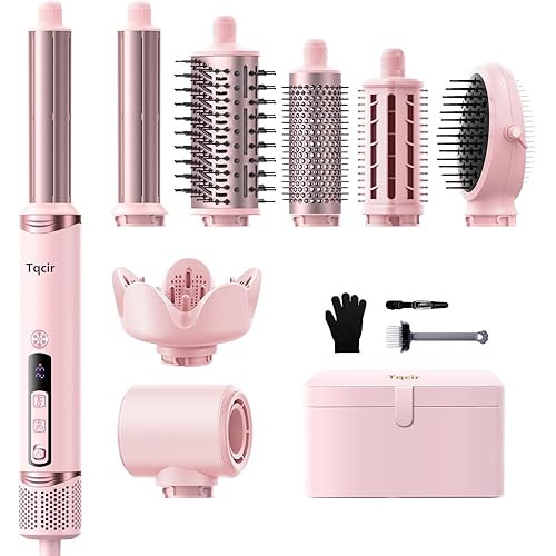 8-in-1 Professional Hot Air Styler&Hair Dryer Brush, Powerful Multi-Styler with Auto-Wrap Curler with Storage Case, Fast Drying Curling Straightening Volumizing Without Heat Damage(Pink)