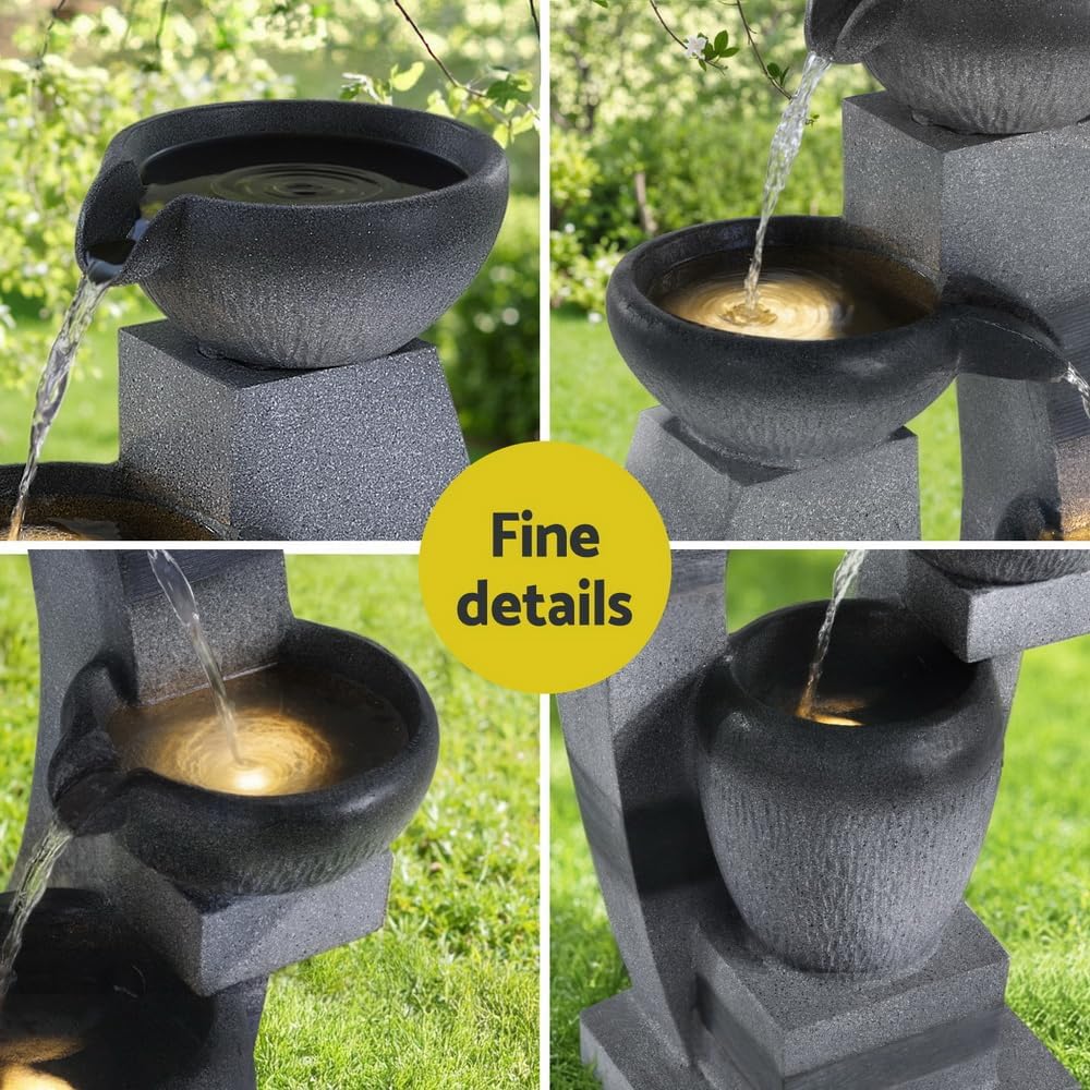 Solar Water Fountain, 3W 90cm Tall Feature Pump Bird Bath Powered Features Fountains Garden Outdoor Indoor Pond Decoration, Tiers Birdbath LED Lights Grey