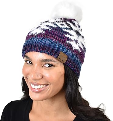 C.C Winter Knit Stitched Snowflake Pattern Faux Fur Pom Skull Cap Beanie, Purple Mix