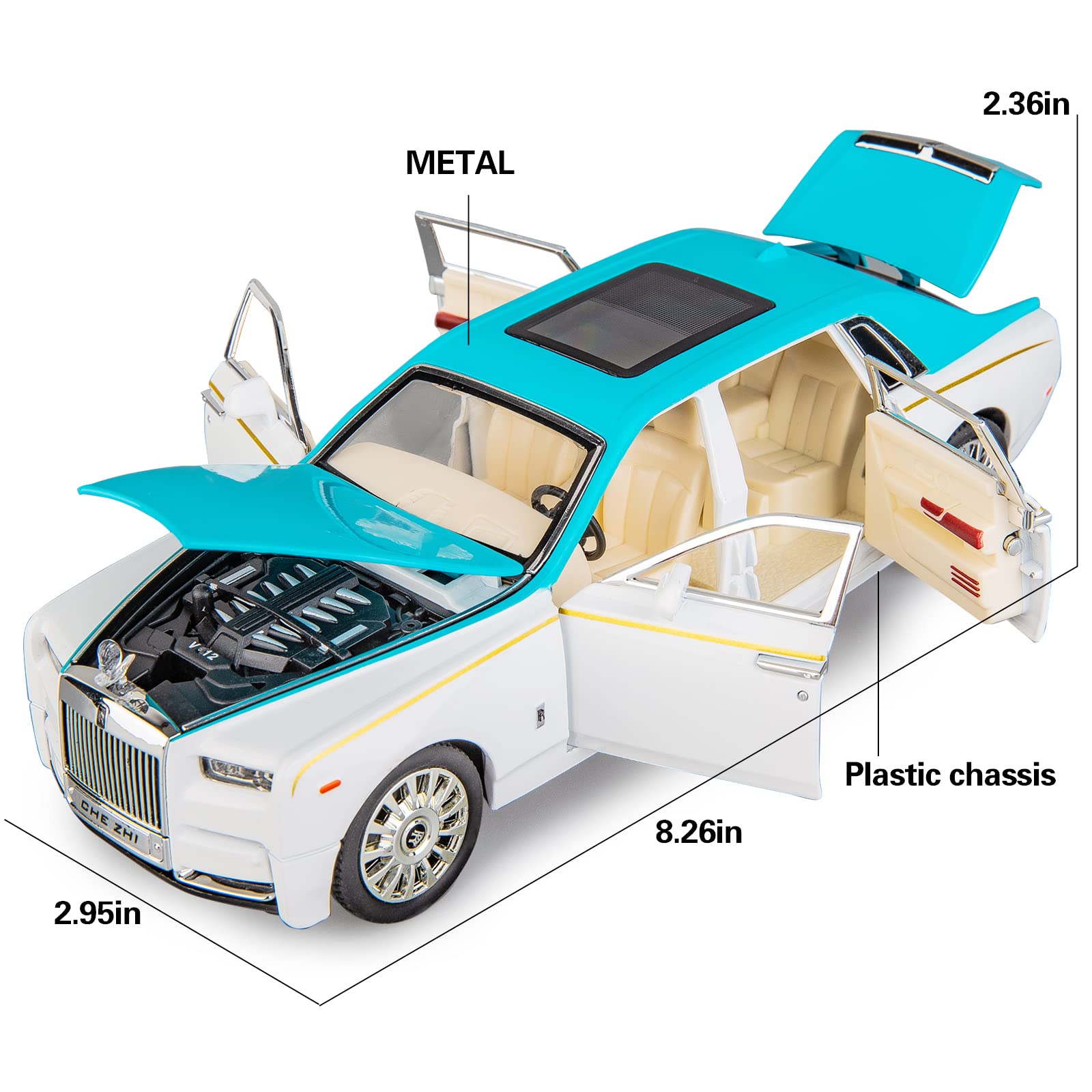 TGRCM-CZ Rolls-Royce - Modellino di auto in lega di zinco, in lega di zinco, modellino auto giocattolo pressofuso con suono e luce, per bambini, ragazzo e ragazza, regalo (blu)