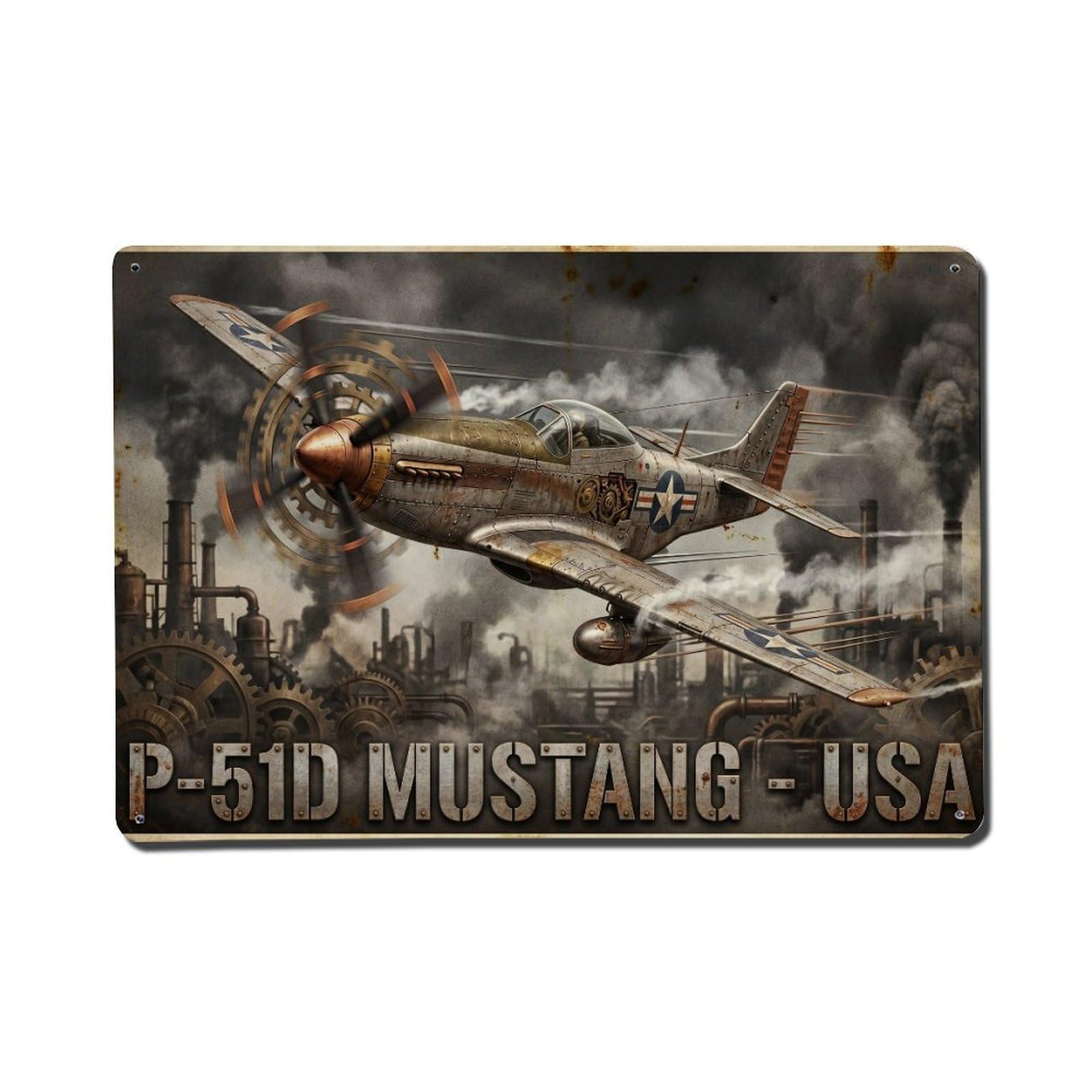 P-51D Mustang Black White WWII Fighter Aircraft Metal Tin Sign Plaque Wall Decor for Cafe, Man Cave, Club Bar, Office, Home Garden Round Metal Poster 8x12Inch