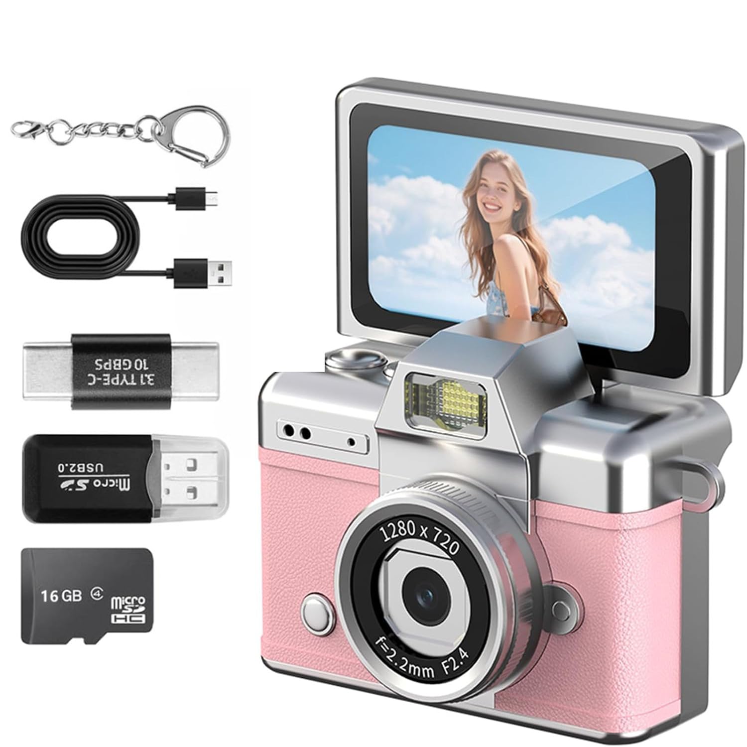 Mini Keychain Camera with Flip Screen Series,1080P HD Multiple Shooting Recording Modes, Portable Digital Camera with 16GB SD Card for Travel, Party. Ideal Pendant Gift-picture-22