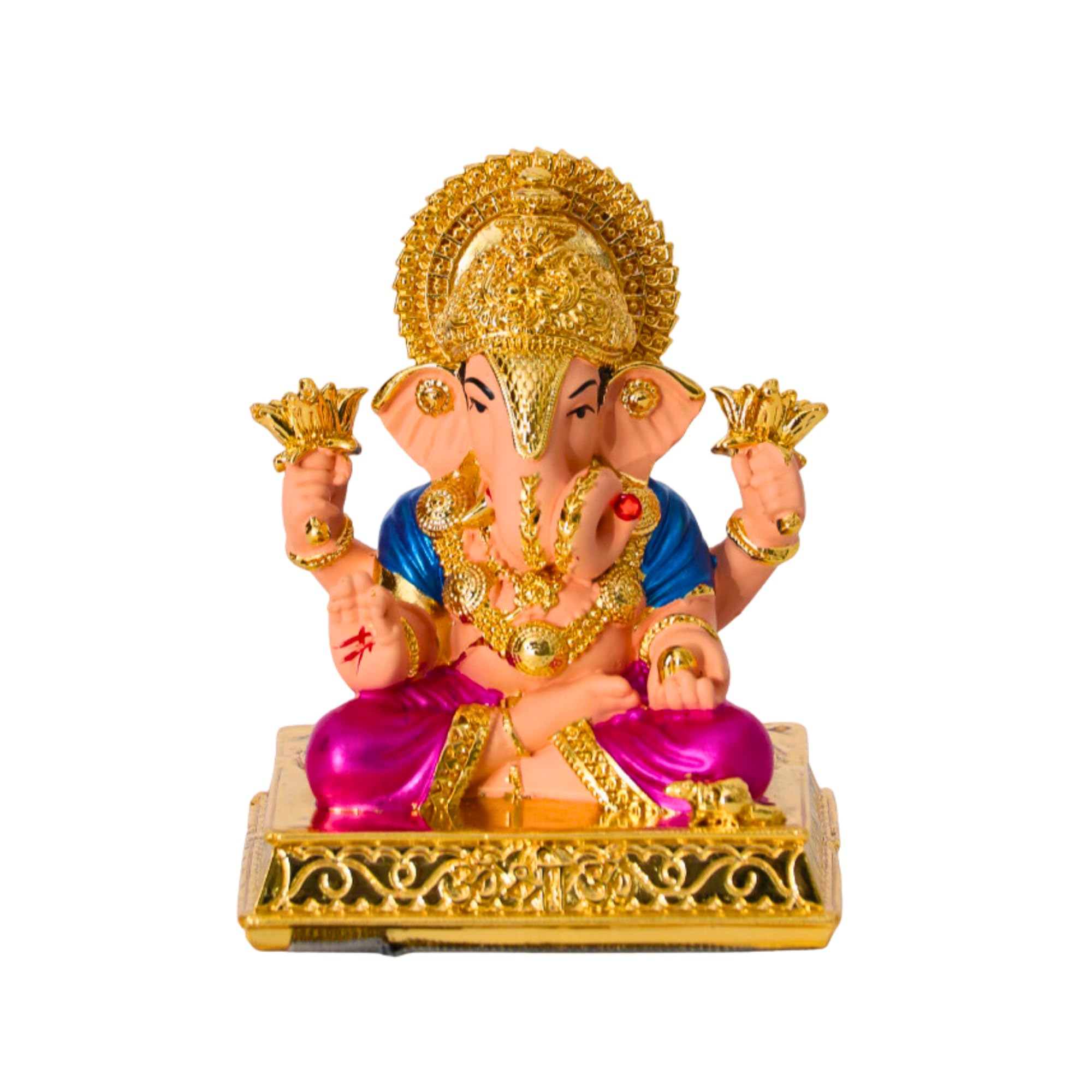 24k Gold Plated Dagdusheth Ganesh Idol/Murti | Ganpati Statue for Car Dashboard, Office Table, Desk, Hindu Gifting and Home Aesthetic Decoration - Resin (‎ 3.5 x 3 x 2 Inches)