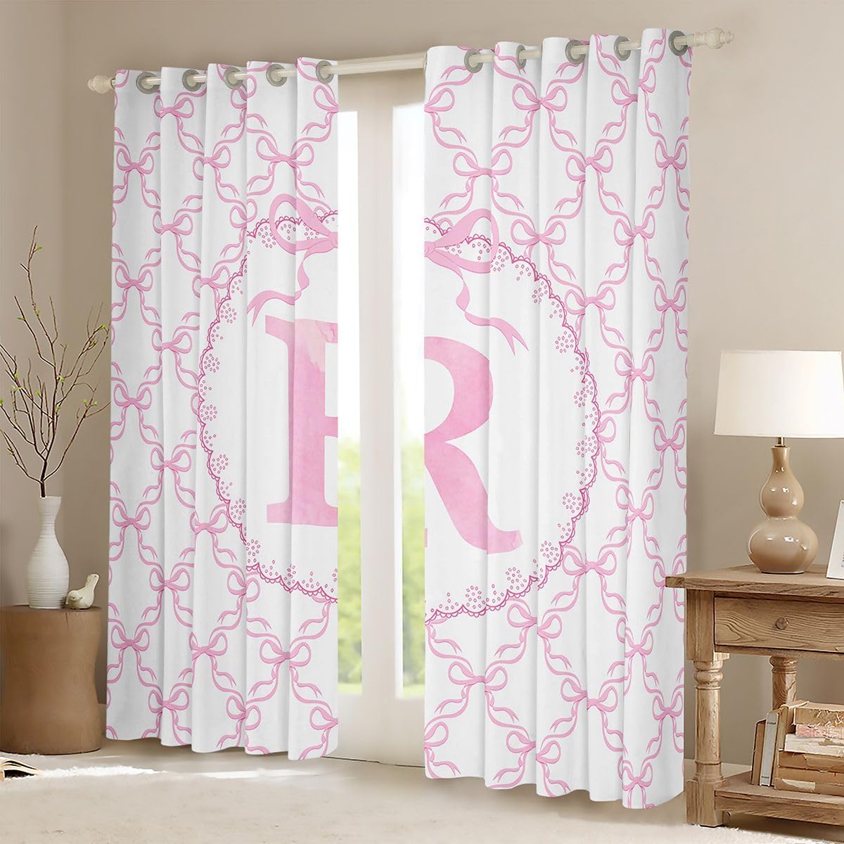 Feelyou Cute Pink Bow Curtains for Bedroom Living Room Personalized Letter R Blackout Darkening Drapes Girls Bow Window Treatments, 2 Panels 52 x 96 Inch Princess Room Decor image 2